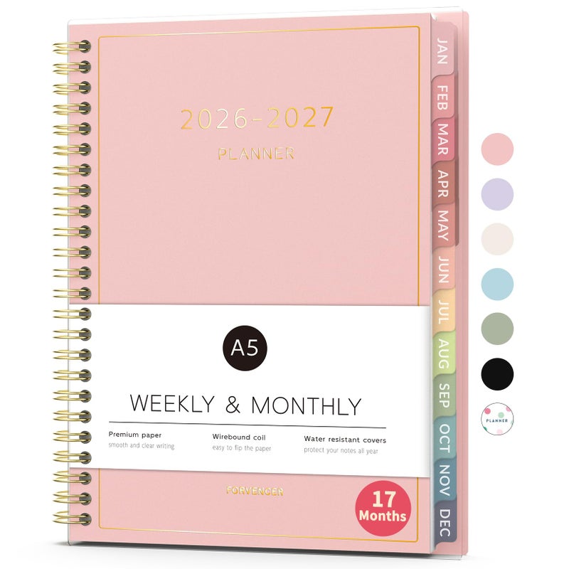 Forvencer Planner 2026-2027, 17 Month Weekly and Monthly Calendar Planner, Jan 2026 -May 2027, 6.3"" x 8.4"", Daily Agenda Book with Tabs, College School Supplies for Student Teacher Home, A5, Pink - Image 1
